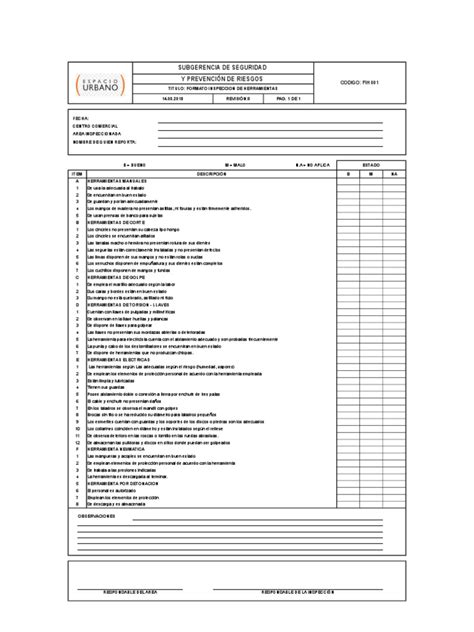 Formato Inspeccion De Herramienta Bueno Pdf Herramientas Tornillo