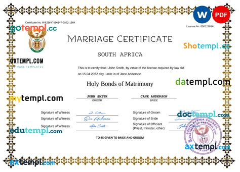South Africa Marriage Certificate Word And Pdf Template Completely Editable