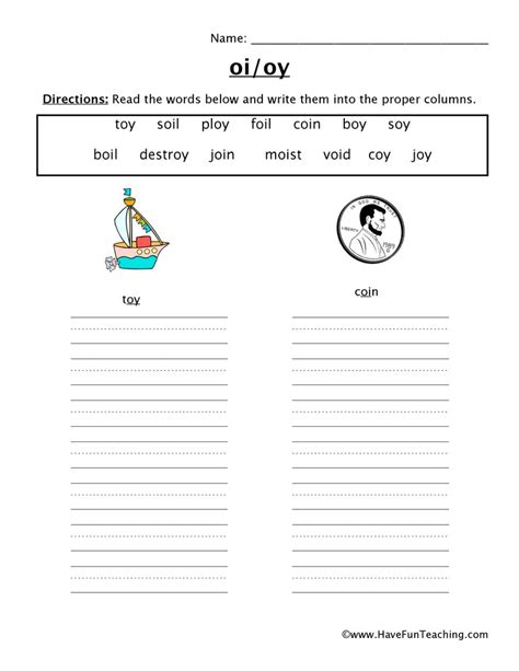 Six free diphthongs phonics word list or reading chart to practice reading. oi oy worksheet | Have fun teaching, Word sorts, Phonics sounds