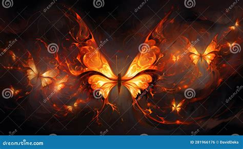 Enchanting Flames: Group of Fantasy Fiery Butterflies Stock