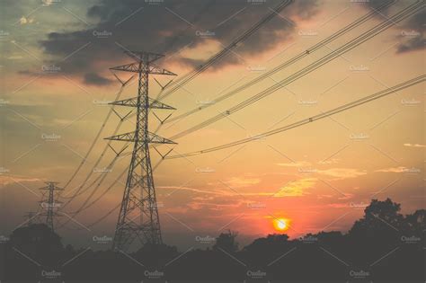 Sunset Power Lines ~ Industrial Photos ~ Creative Market