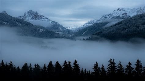 Download Wallpaper 1366x768 Mountains Fog Trees Valley Dusk Tablet