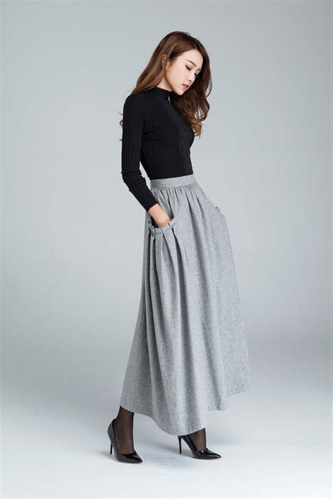 Wool Maxi Skirt Light Grey Skirt Womens Skirts With Pocket Etsy