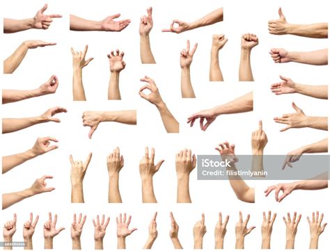 Multiple Male Caucasian Hand Gestures Isolated Over The White