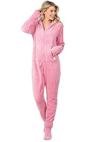 Pajamagram Womens Onesie With Hood Adult Footie Pajamas Pink Small