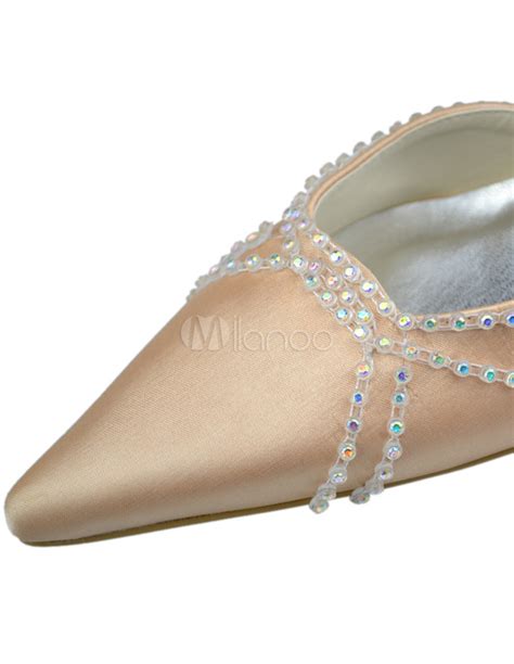 Champagne Ankle Strap Pointed Toe Satin Wedding Shoes