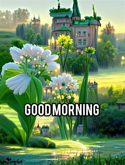 The Words Good Morning Are In Front Of An Image Of A Castle And Some