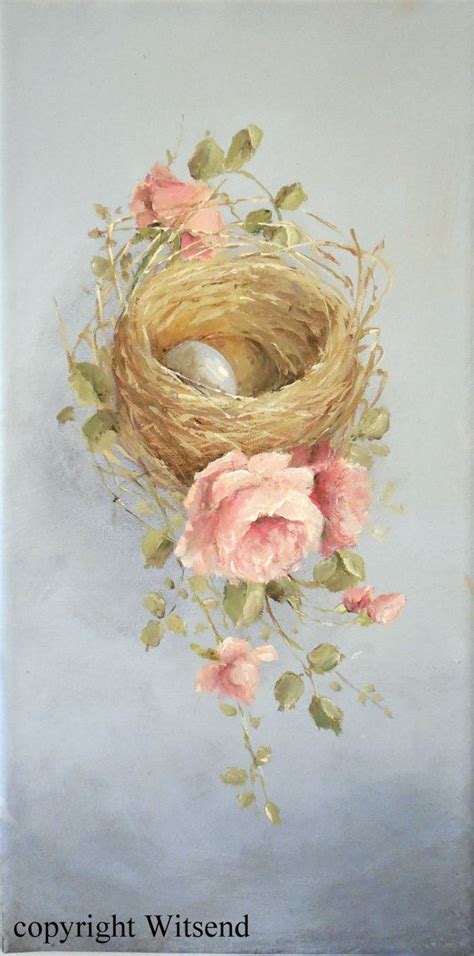 Rose Bird Nest Painting Original Still Life Art Pink By 4witsend Bird