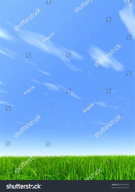 High Resolution 3d Green Grass Over A Blue Sky With White Clouds As
