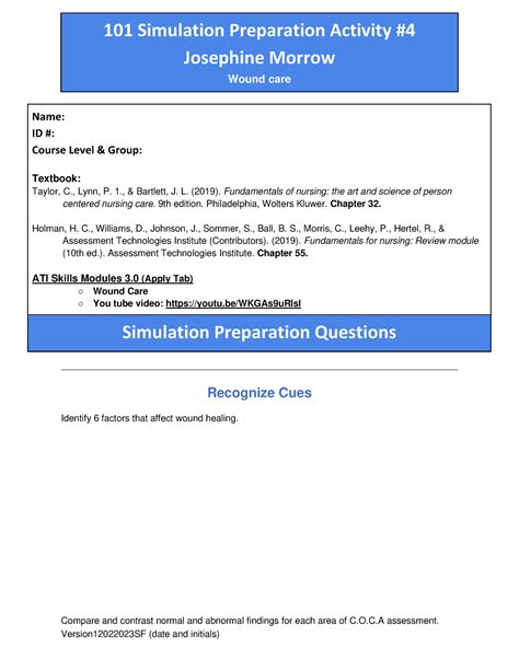 Ngn 101l Pre Sim Assignment Josephine Morrow Wound Care Name Id