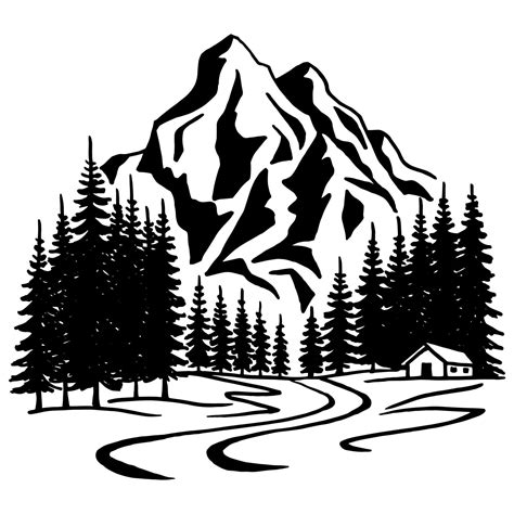 Mountain With Pine Trees And Landscape Black On White Background Hand