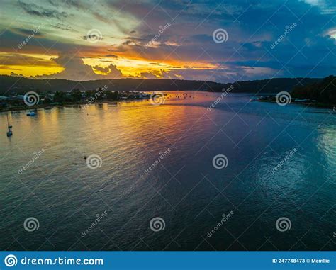Aerial Sunrise Waterscape With Boats Colour And Clouds Stock Image