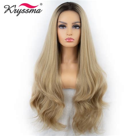 Blonde Lace Front Wig Synthetic Dark Roots Ombre Wig Long Wavy Wigs For Women Glueless Heat