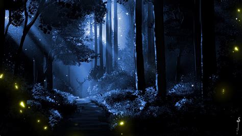 Black Silhouette Blue Night Deer Forest Luminos Firefly Sava G