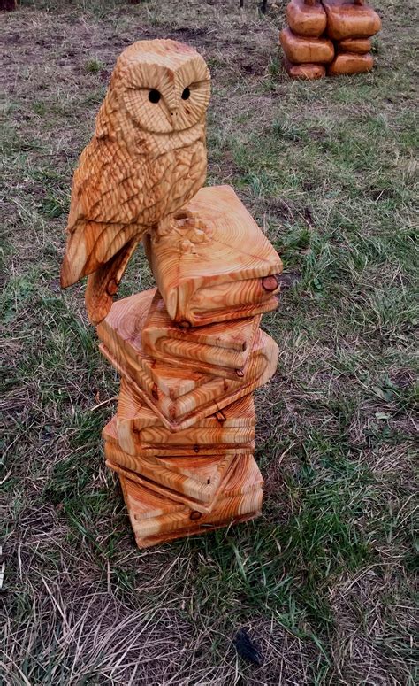 Chainsaw Carved Owl On Books Out Of Larch Carving Wood Chainsaw