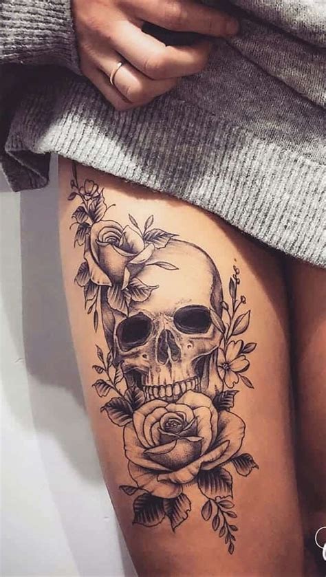 Pin By Rachael Wilson On Tattoos Feminine Skull Tattoos Skull Thigh Tattoos Hip Tattoo Designs