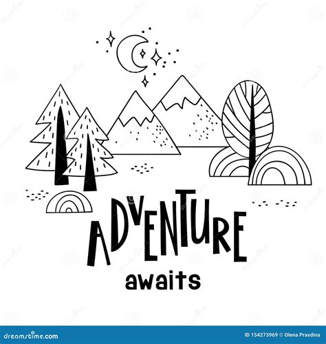 Minimalistic Mountain Landscape With Camper On The Road. Handwriting