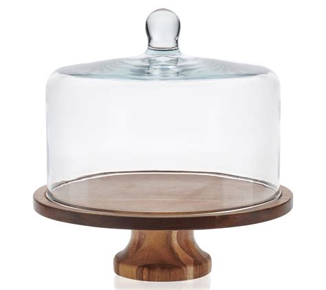 Libbey Acacia Wood Footed Cake Stand With Glassdome