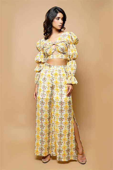 Buy White Cotton Silk Block Floral Crop Top And Flared Pant Set For
