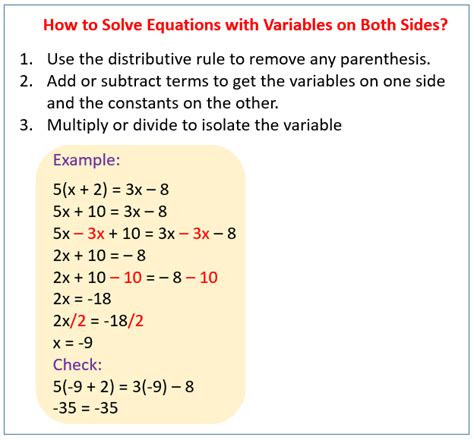 Solving Equations With Variables On Both Sides Solutions Examples