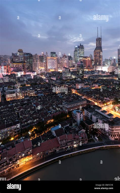 Cityscape Panoramic Huangpu Twilight Puxi Shanghai China Stock