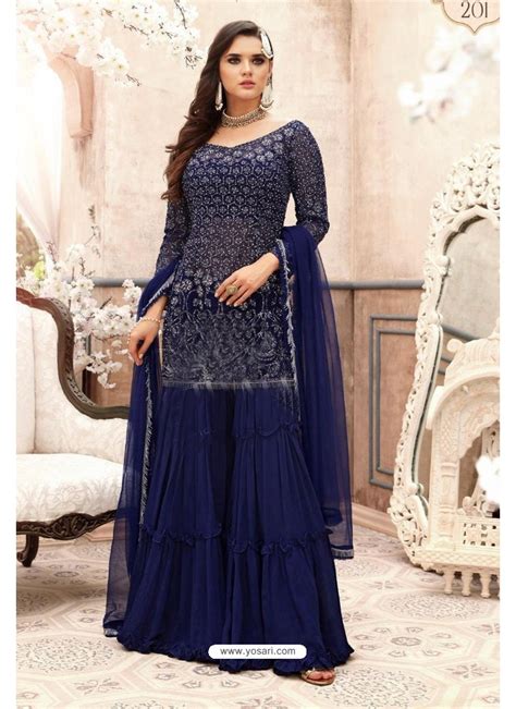 Buy Navy Blue Georgette Embroidered Designer Sharara Suit Palazzo Salwar Suits
