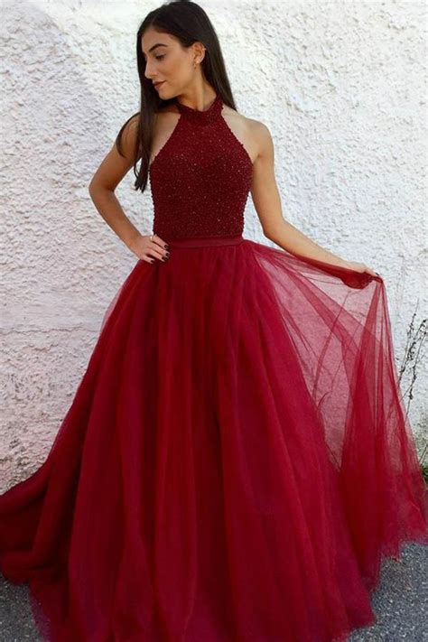 A Line Round Neck Floor Length Red Tulle Prom Dress With Beading Pg