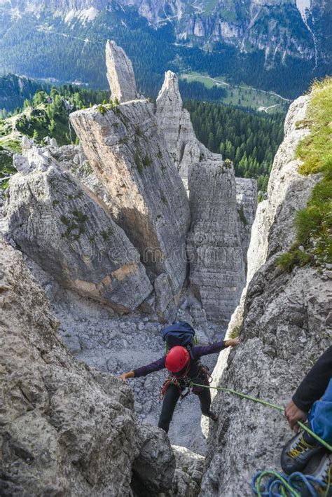 Climber On The Landscape Of Dolomites Mountains In South Tyrol Italy