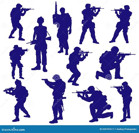 Conjunto De Siluetas De Soldados Militares Con Armas Ilustración Del
