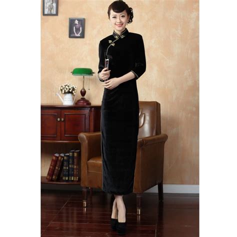 traditional long velvet cheongsam dress black