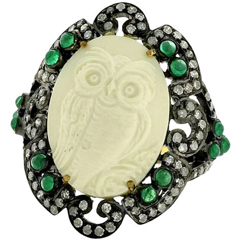 Cupid And Angel Cameo Ring With Diamonds And Emeralds Around For Sale