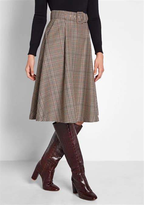 Modcloth Perfect Timing Belted Midi Skirt Brown Plaid Modcloth Fall