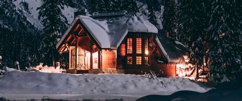 Download Wallpaper 2560x1080 House Winter Snow Night Trees Dual