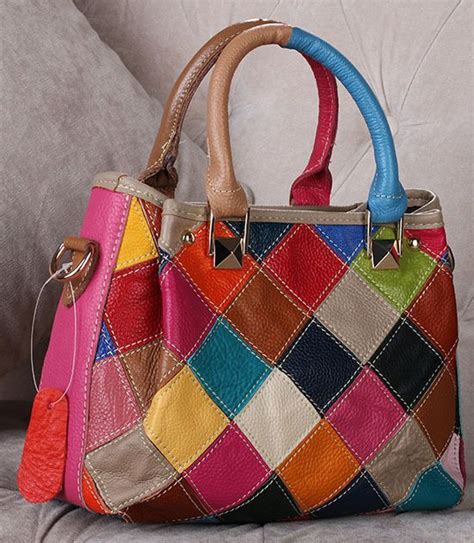 Multicolour Real Leather Patchwork Woven Handbag Shoulder Bag Vintage