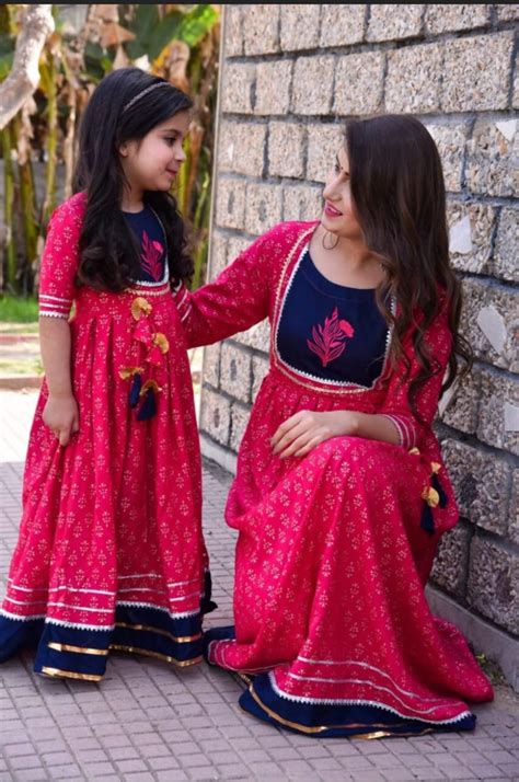 beautiful pink salwar kameez mother daughter gold printed frok style long flared kurti only with
