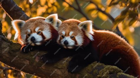 Premium Ai Image A Pair Of Red Pandas Cuddling In A Tree Ai Generated