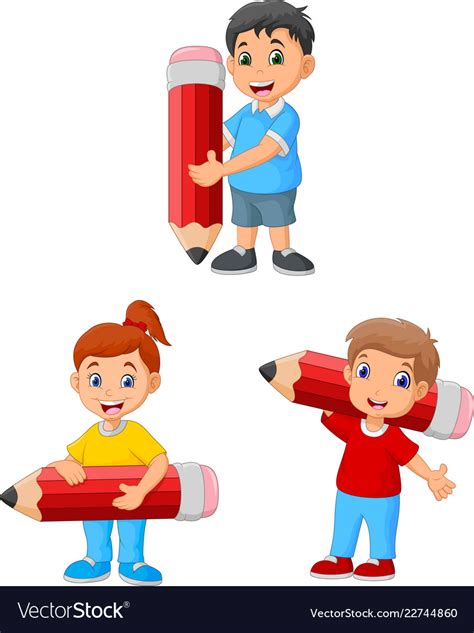 Cartoon Happy Kids Holding Big Pencils Royalty Free Vector
