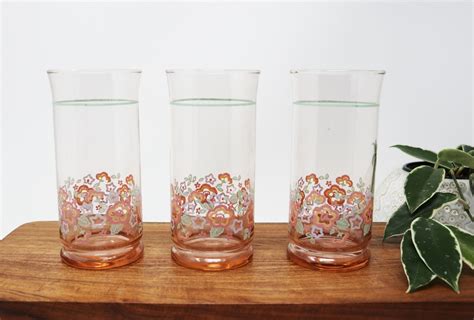set of 3 vintage libbey iced tea drinking glasses pink glass floral etsy