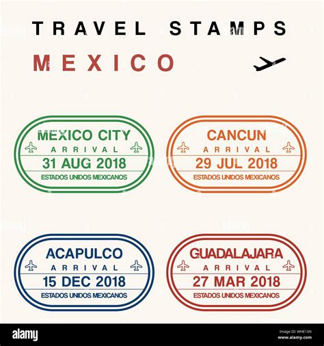 Travel Vector Passport Stamps Set Fictitious Stamps Mexico Destinations Mexico City