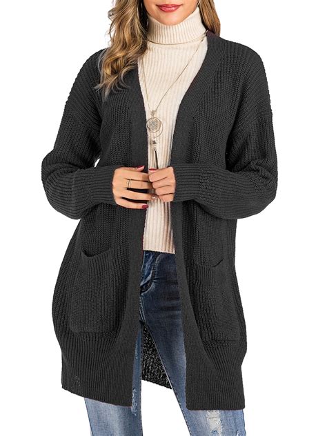 Sayfut Womens Open Front Knitted Cardigan Sweater Black Long Cardigan