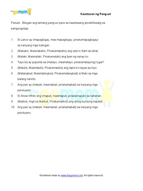 Kaantasan Ng Pang Uri 6 Worksheets Pdf