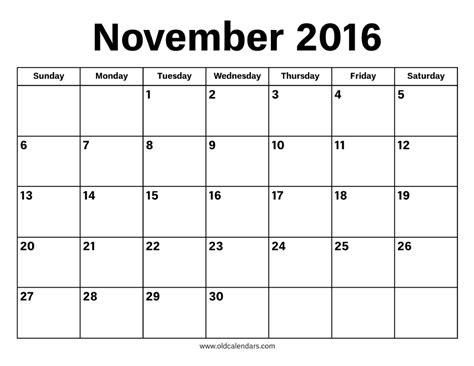 November 2016 Calendar Printable Old Calendars