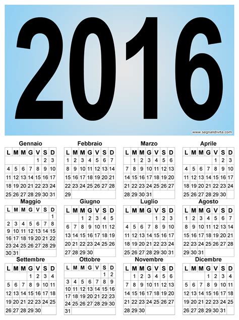 Ideal para uso como calendário escolar, calendário de igreja, organizador pessoal, referência de programação, etc. Calendario verticale grafico del 2016
