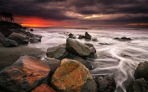 Rocks Stones Ocean Beach Sunset Wallpaper 1920x1200 124275