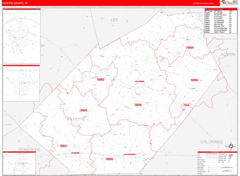 Fayette County Tx Zip Code Wall Map Red Line Style By