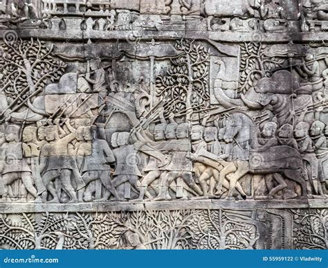 Bas Relief On The Wall Angkor Cambodia Stock Photo Image Of People