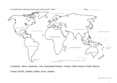 Continents And Oceans Blank Map English Esl Worksheets Continents