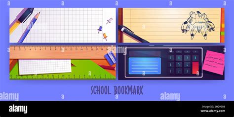 School Bookmarks Cartoon Layout Design With Stationery Pen Sharpener Pencil And Ruler On Blank