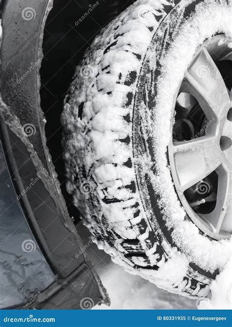 Car Wheel With Studded Tire In Snow Stock Image Image Of Chill