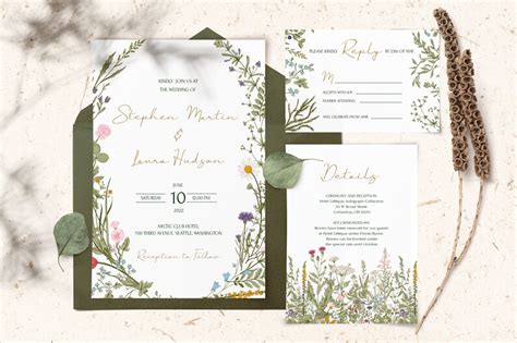 Wildflowers Wedding Invitation Set Template With Wild Flowers Etsy